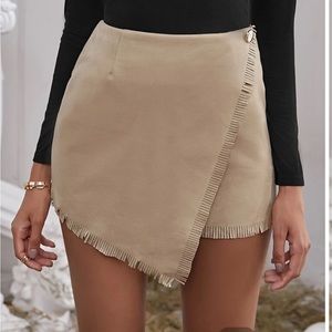 Fringe Trim Wrap Front High Waist Asymmetrical Hem Mini Skirt